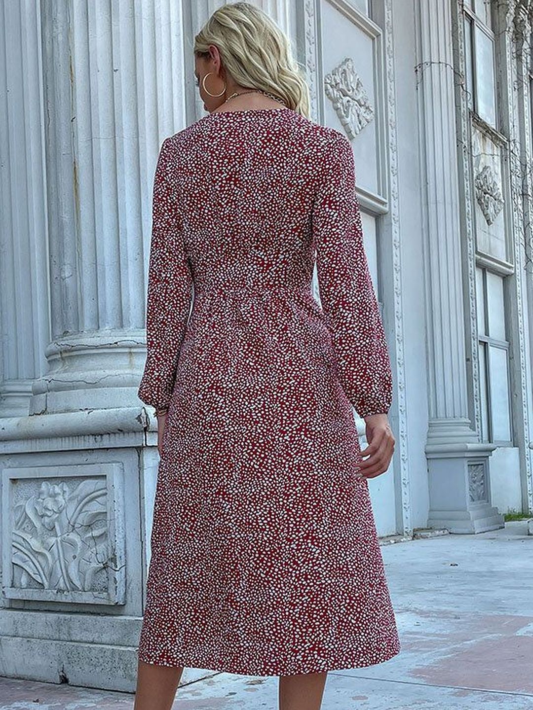 Women's Red Floral Print A-Line Midi Dress Blend