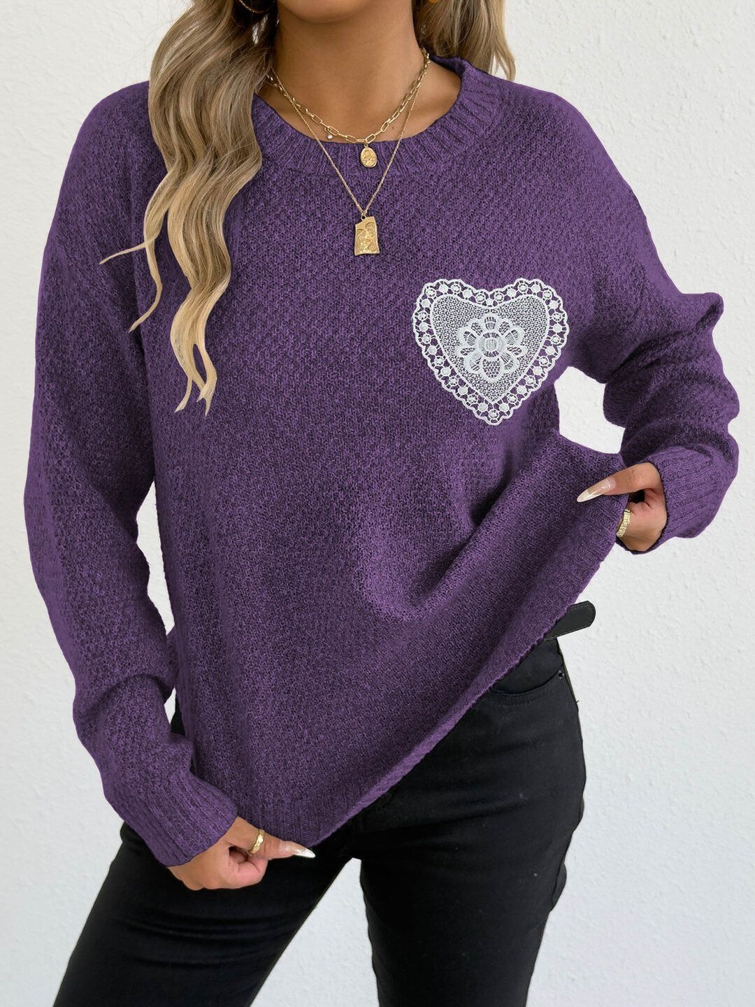 Women Cable Knit Pullover with Embroidered Detail
