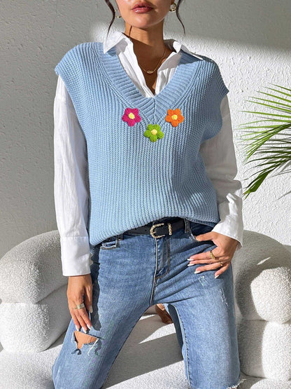 Women Ribbed Sweater Vest with Embroidered Detail