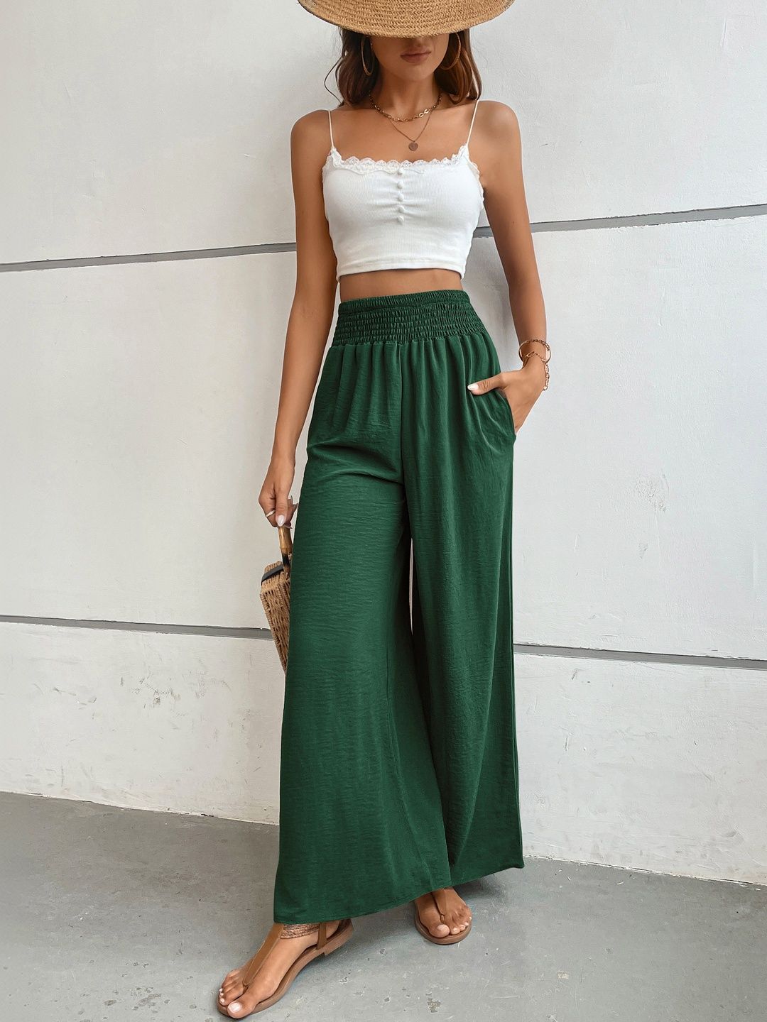 Loose Fit Non Iron Trousers in Green other - Nowi Korean Fashion