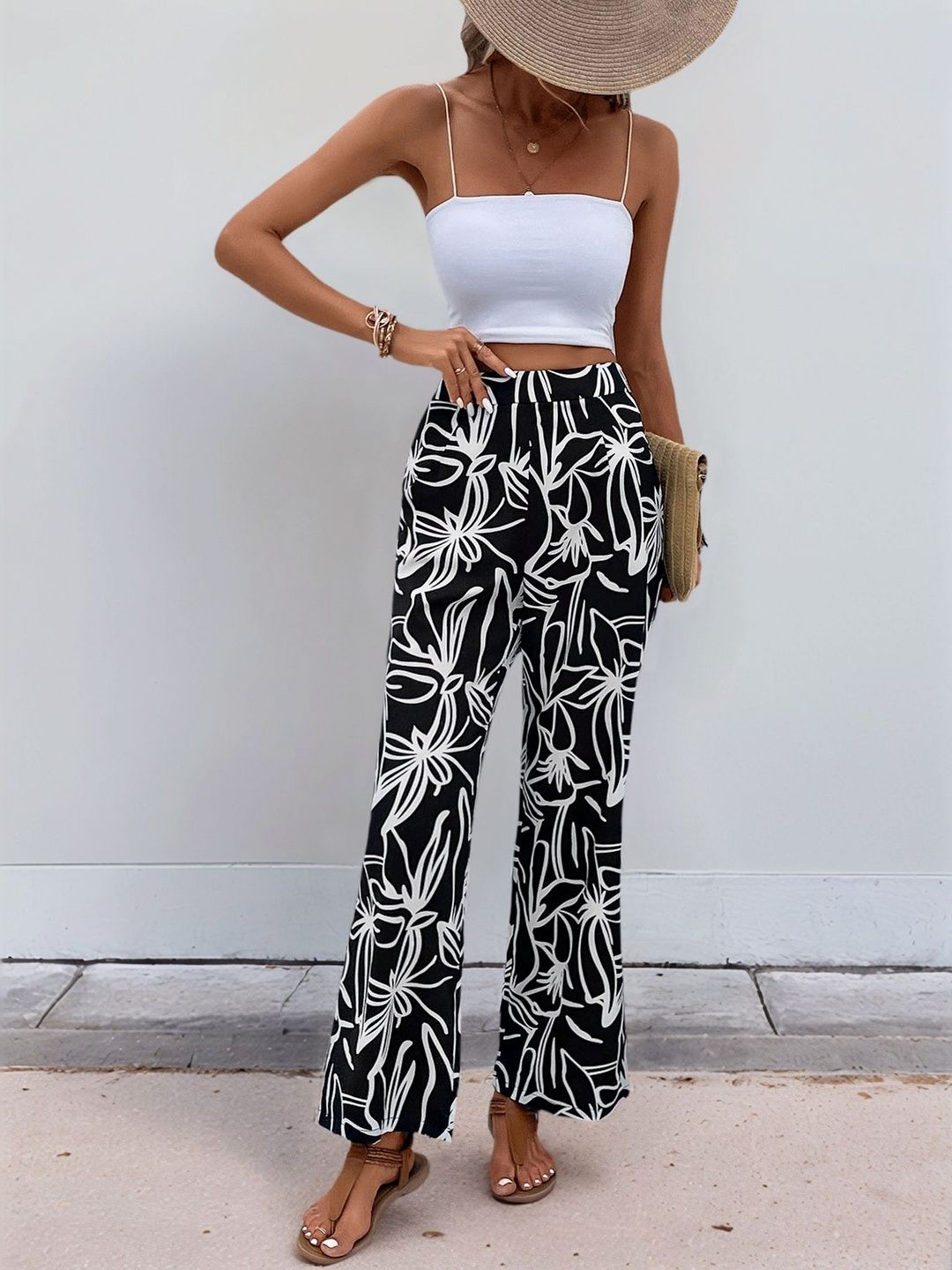 Floral Printed Loose Fit Non Iron Trousers in Black cotton - Nowi Korean Fashion