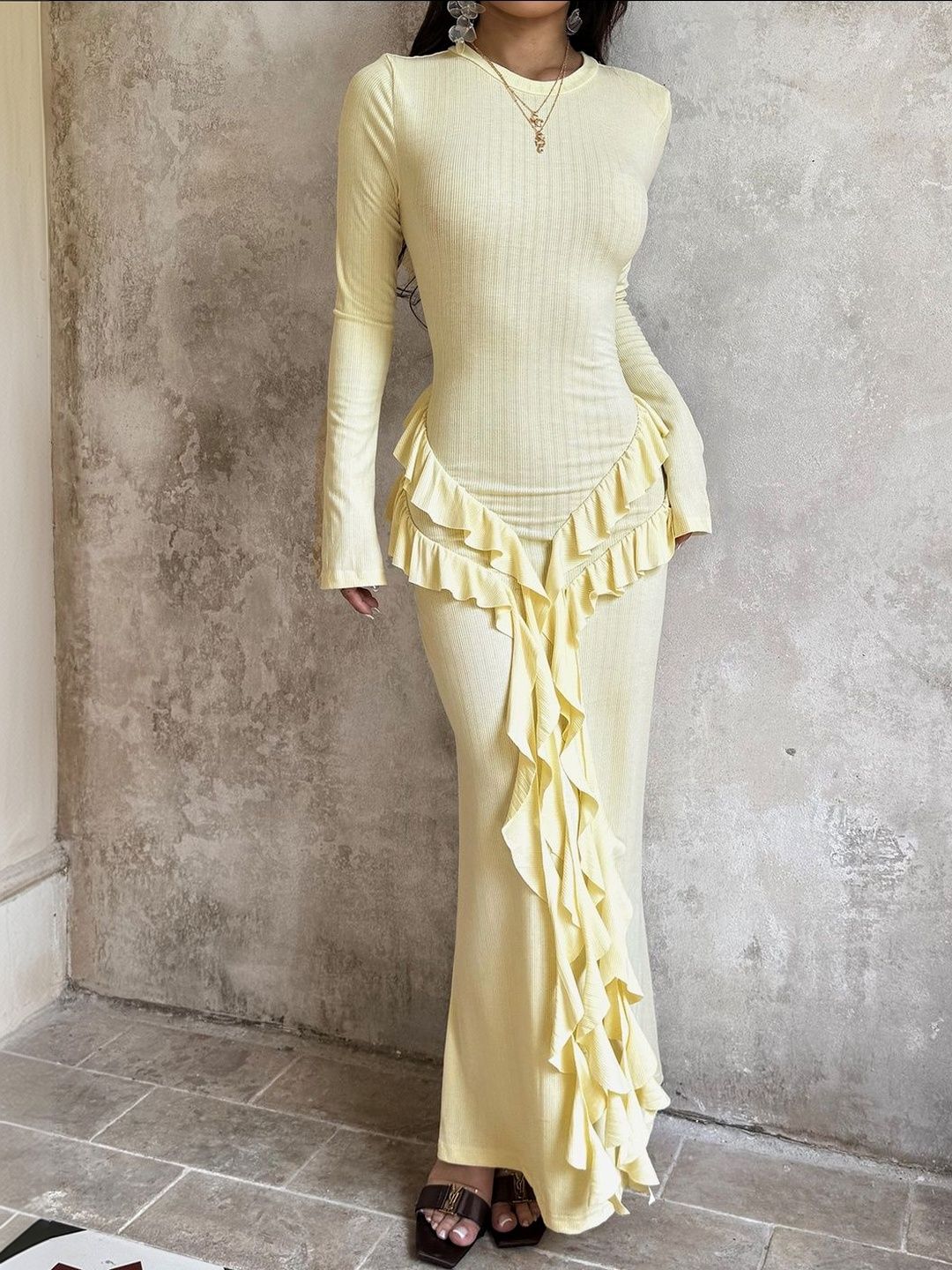 Women's Yellow Ruffled Sheath Maxi Dress