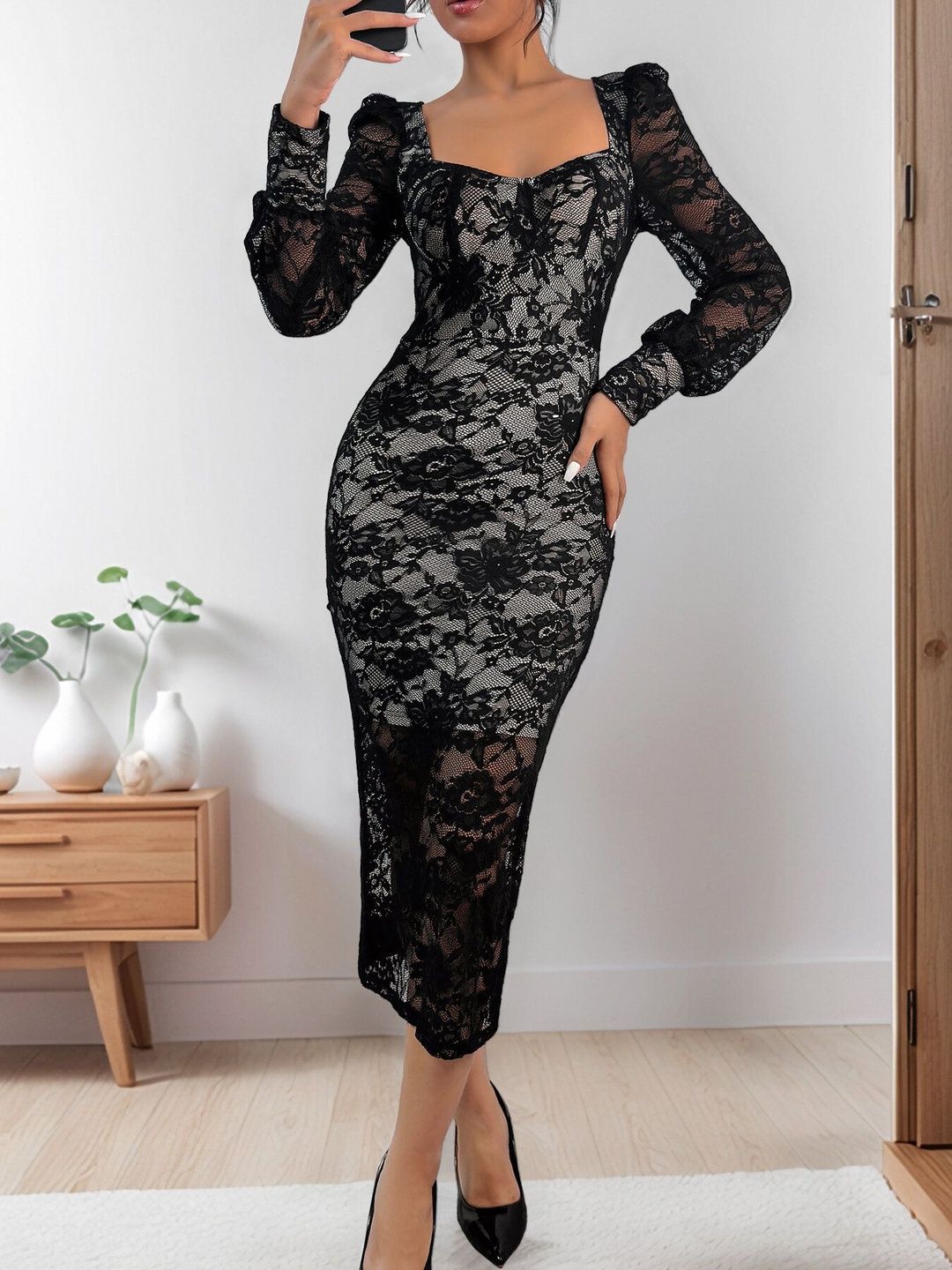 Embroidered Puff Sleeve Bodycon Midi Dress in Black - Nowi Korean Fashion