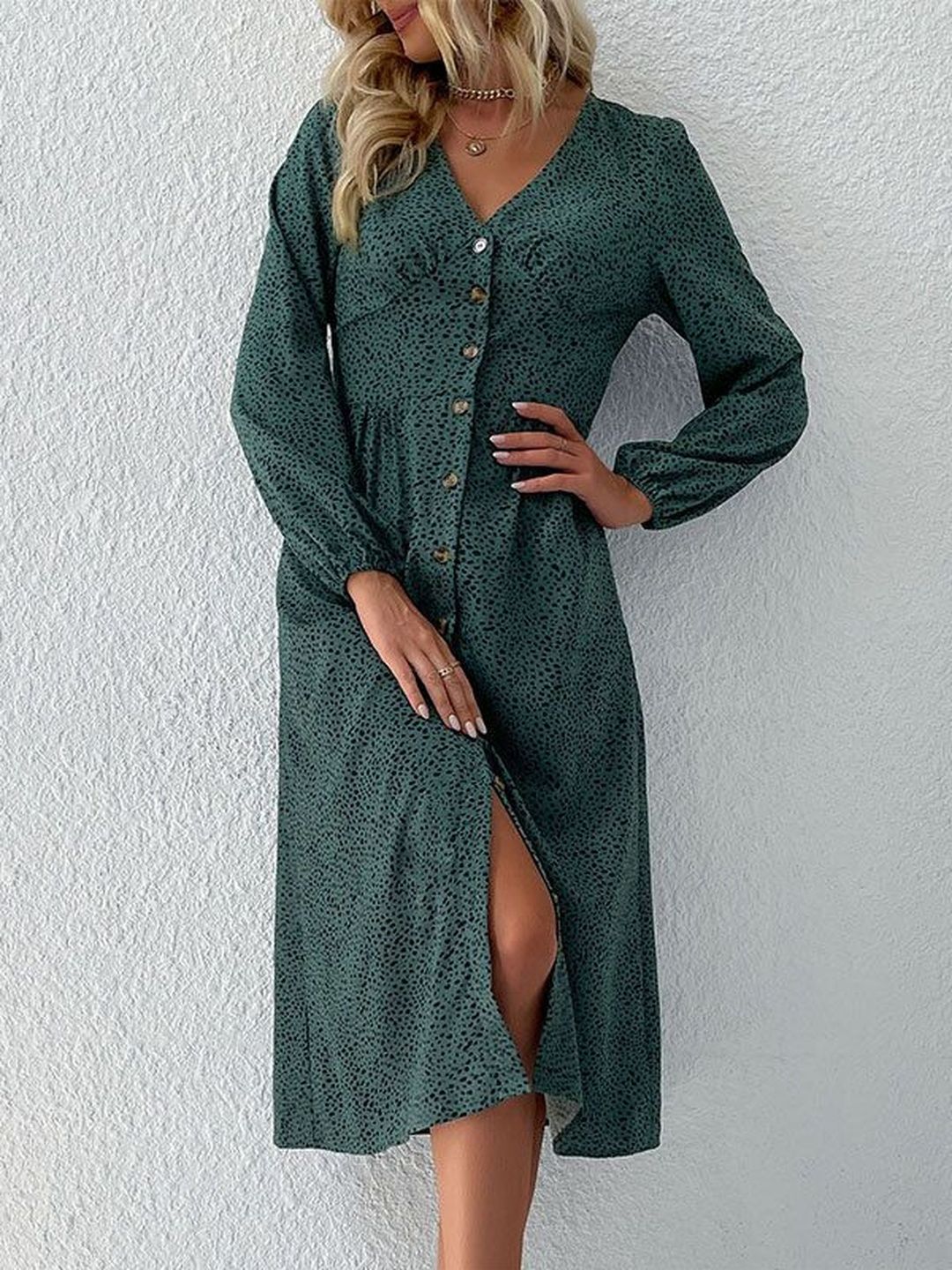 Women's Elegant Green Button-Up Dress