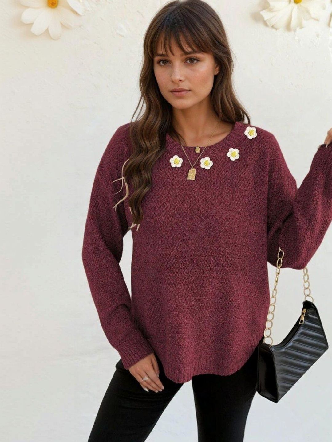 Pullover with Applique Detail in Maroon acrylic - Nowi Korean Fashion