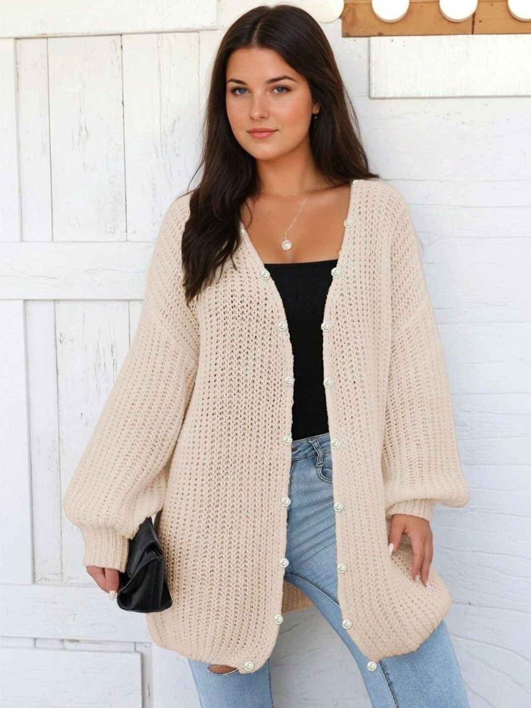 Ribbed Longline Cardigan in Beige acrylic Long Sleeve - Nowi Korean Fashion