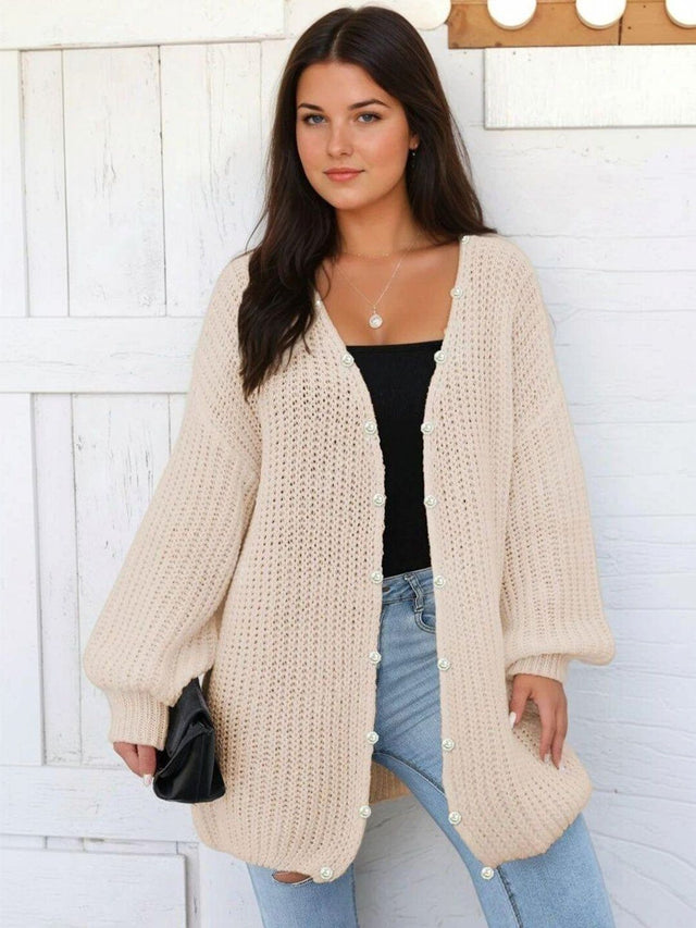 Ribbed Longline Cardigan in Beige acrylic Long Sleeve - Nowi Korean Fashion