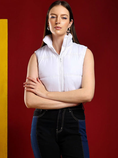 Women's White Lightweight Crop Puffer Jacket Blend Printed