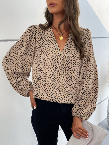 Women's Beige Animal Print Puff Sleeve Top