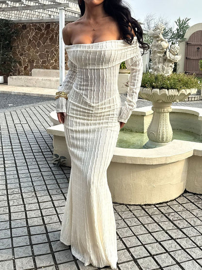Off-Shoulder Linen Sheath Maxi Dress
