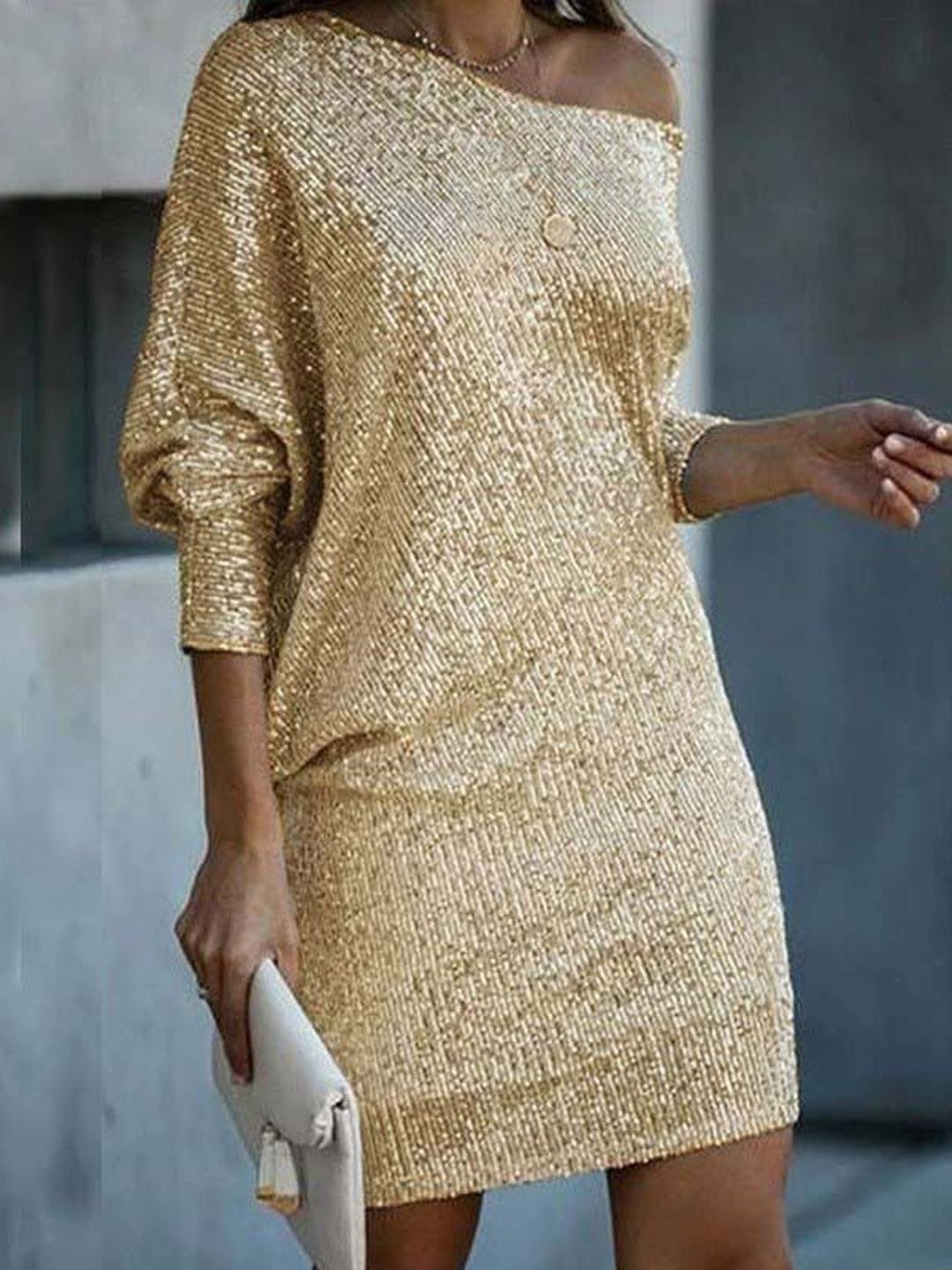 Gold-Toned Off-Shoulder Sequined Mini Dress