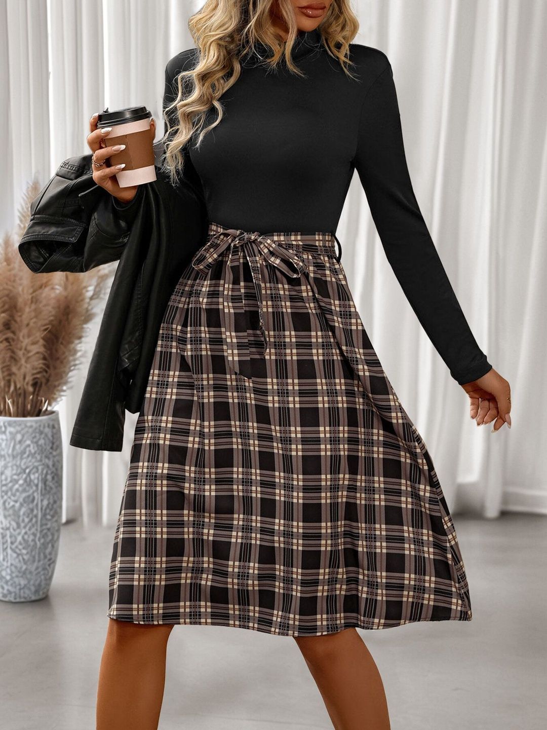 Women's Black Checked Fit & Flare Midi Dress