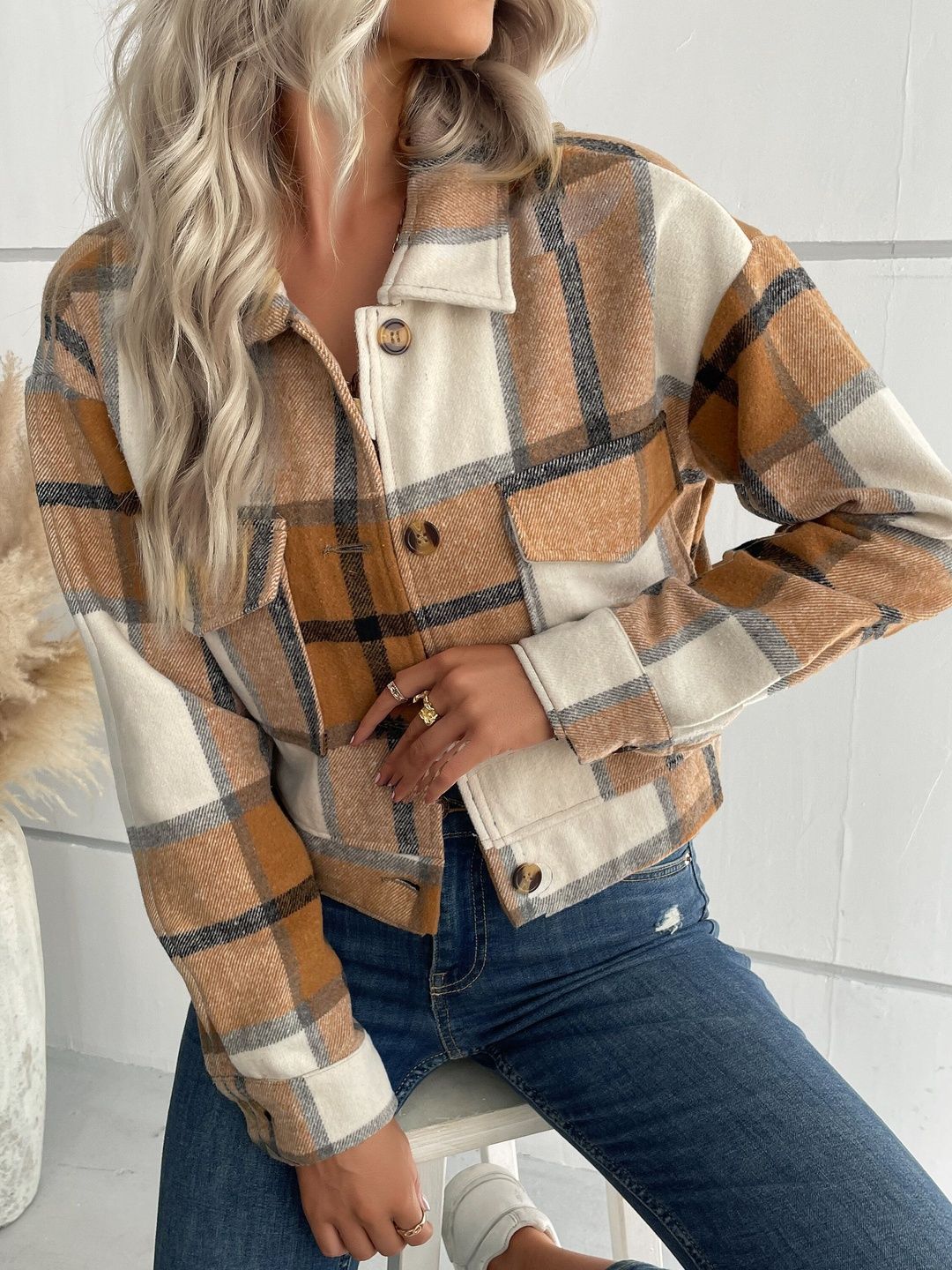 Checked Crop Tailored Jacket Long Sleeve - Nowi Korean Fashion