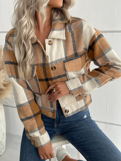 Checked Crop Tailored Jacket Long Sleeve - Nowi Korean Fashion