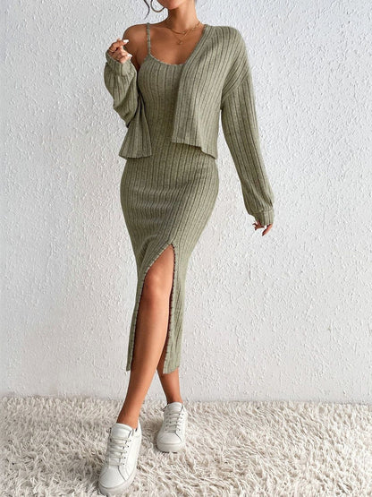 Olive Green Striped Co-ords with Sweater and Skirt