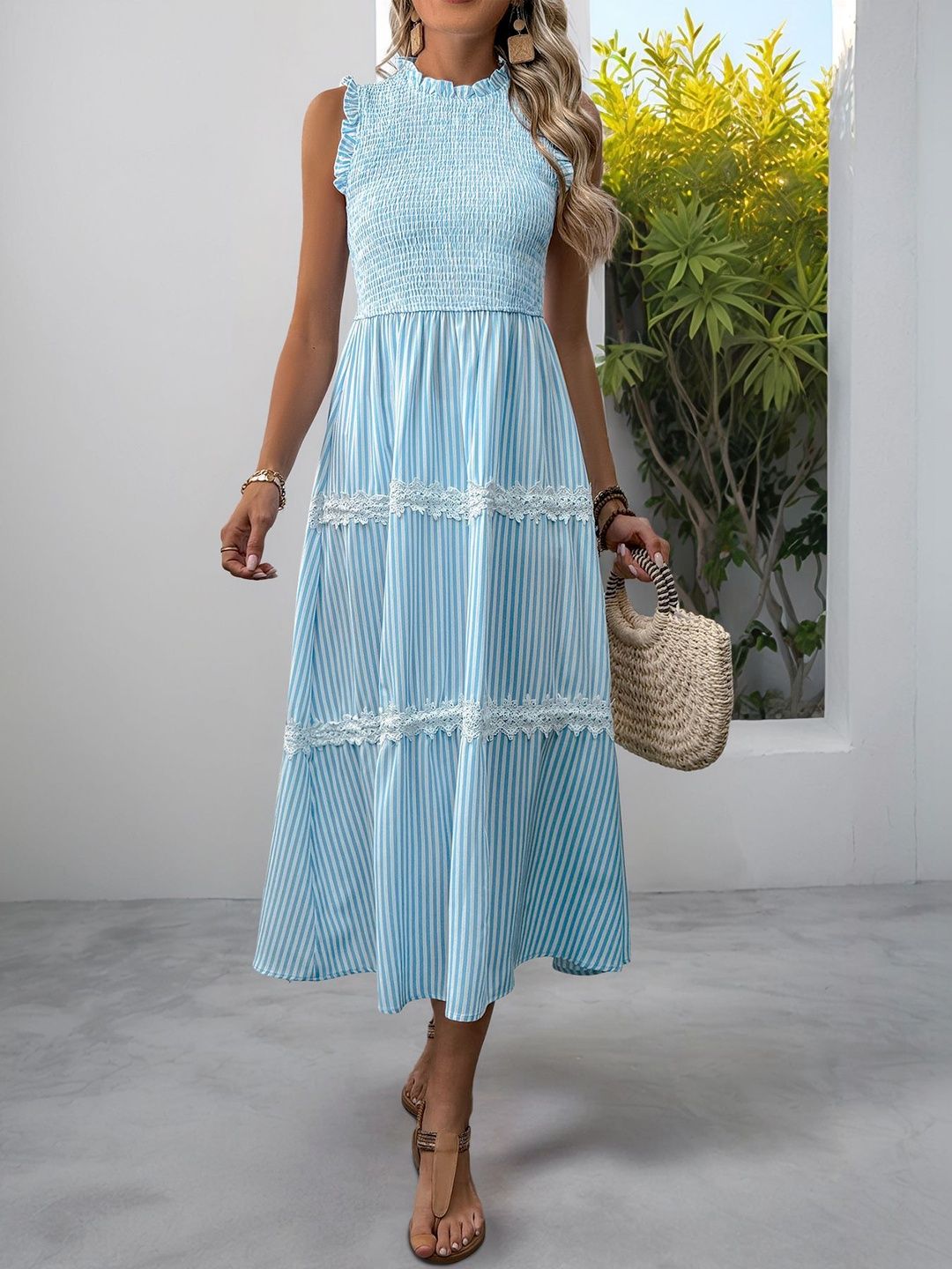 Striped A-Line Midi Dress