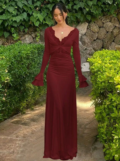 Flared Sleeve Sheath Maxi Dress in Maroon - Nowi Korean Fashion