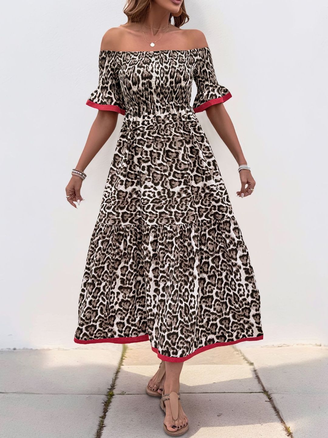 Animal Print Off-Shoulder Flared Sleeve Fit & Flare Midi Dress Printed - Nowi Korean Fashion