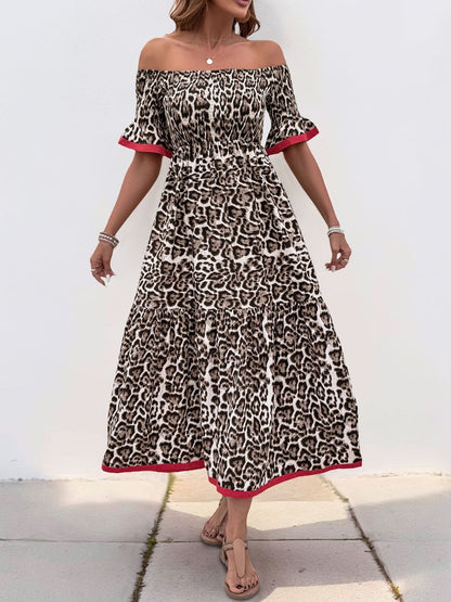 Animal Print Off-Shoulder Flared Sleeve Fit & Flare Midi Dress Printed - Nowi Korean Fashion