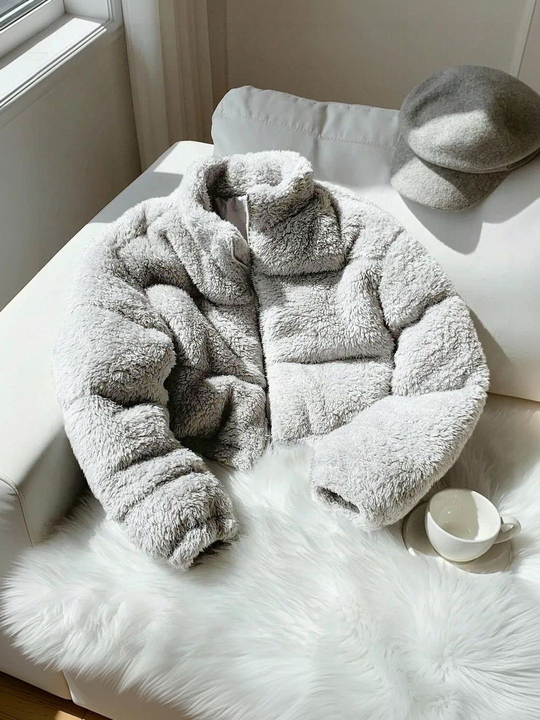 Woollen Lightweight Crop Puffer Jacket in Grey - Nowi Korean Fashion