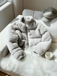 Women's Grey Woollen Lightweight Crop Puffer Jacket