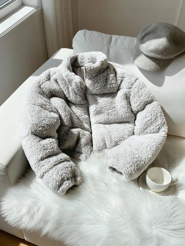Woollen Lightweight Crop Puffer Jacket in Grey - Nowi Korean Fashion