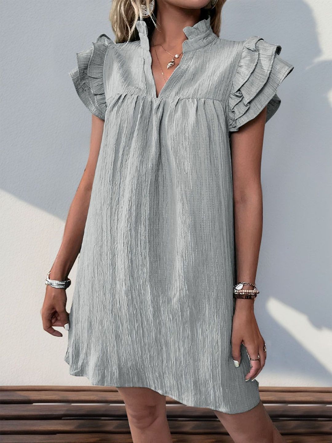 Flutter Sleeve Dress in Grey cotton - Nowi Korean Fashion