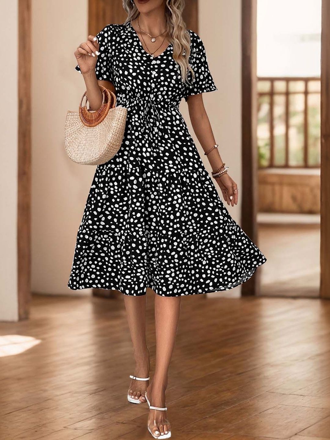 NOWI Polka Dot Printed Flared Sleeve Fit & Flare Midi Dress