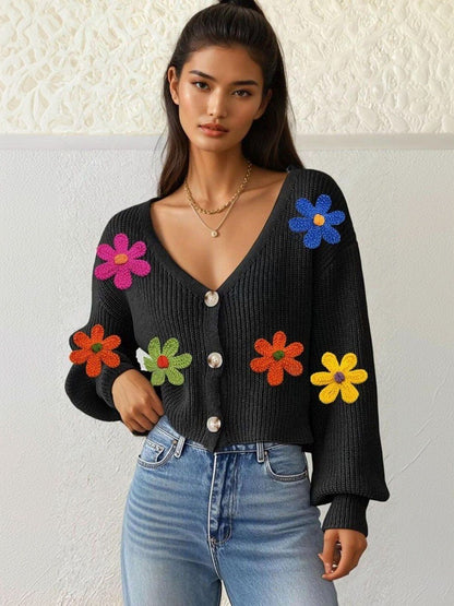 Colourblocked Ribbed Crop Cardigan with Embroidered Detail in Black acrylic - Nowi Korean Fashion