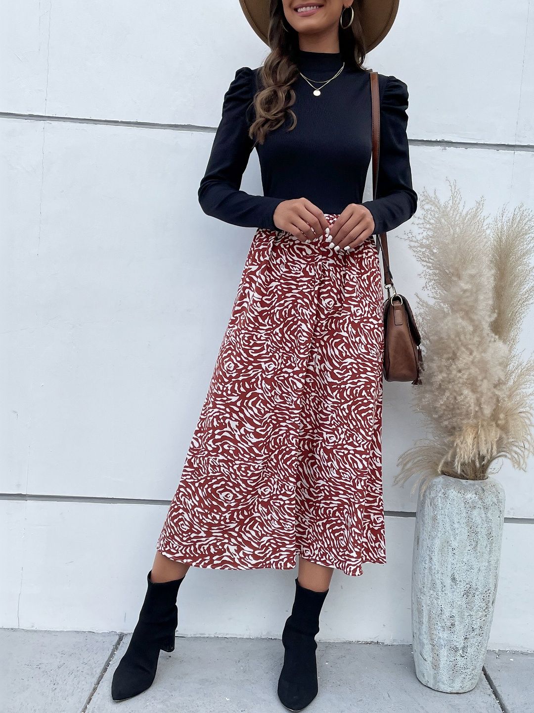 Print Puff Sleeve A-Line Midi Dress in Black - Nowi Korean Fashion