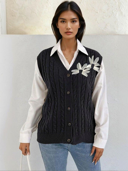 Cable Knit Ribbed Sweater Vest with Embellished Detail in Grey acrylic - Nowi Korean Fashion