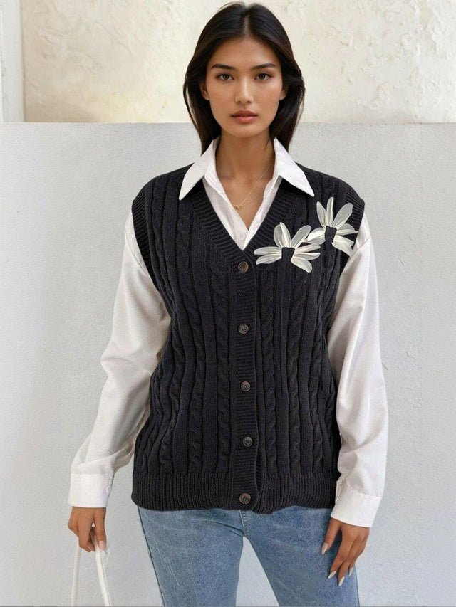 Cable Knit Ribbed Sweater Vest with Embellished Detail in Grey acrylic - Nowi Korean Fashion