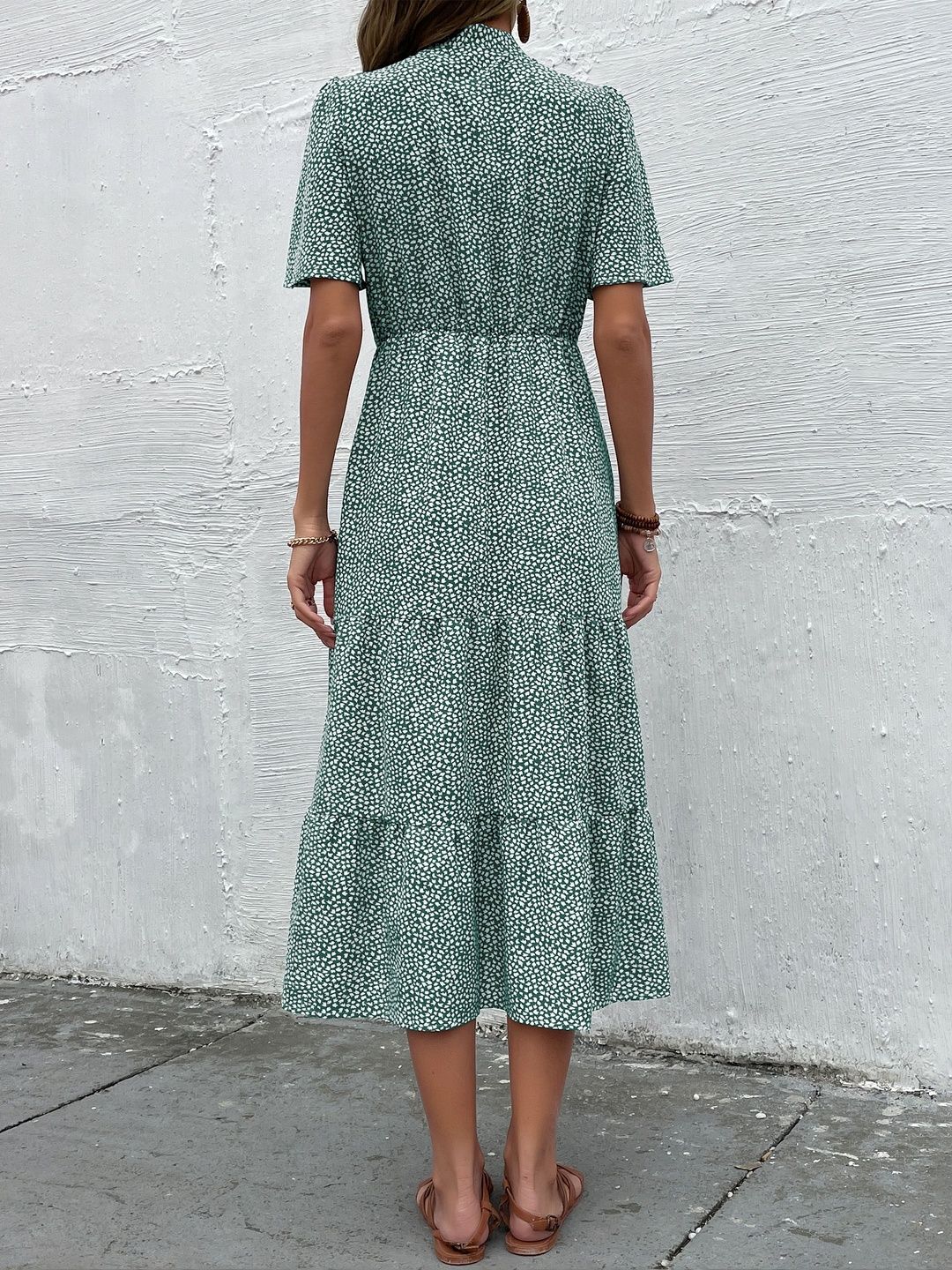 Print Tie-Up Neck Fit & Flare Midi Dress