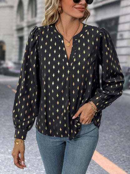 Women's Black Geometric Print Puff Sleeve Top