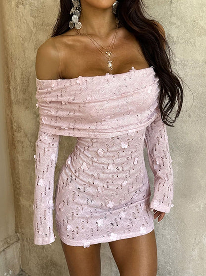 Pink Floral Embellished Off-Shoulder Mini Dress polyester - Nowi Korean Fashion