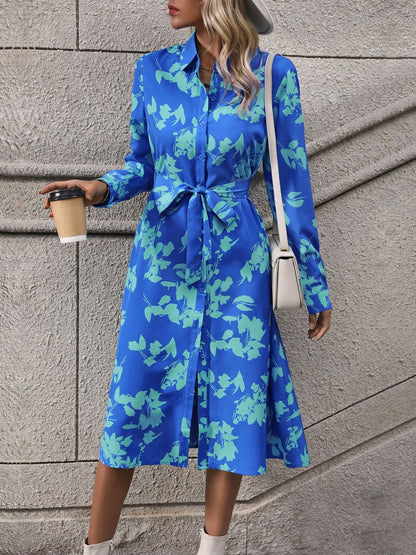 Women's Blue Floral Print Shirt Midi Dress
