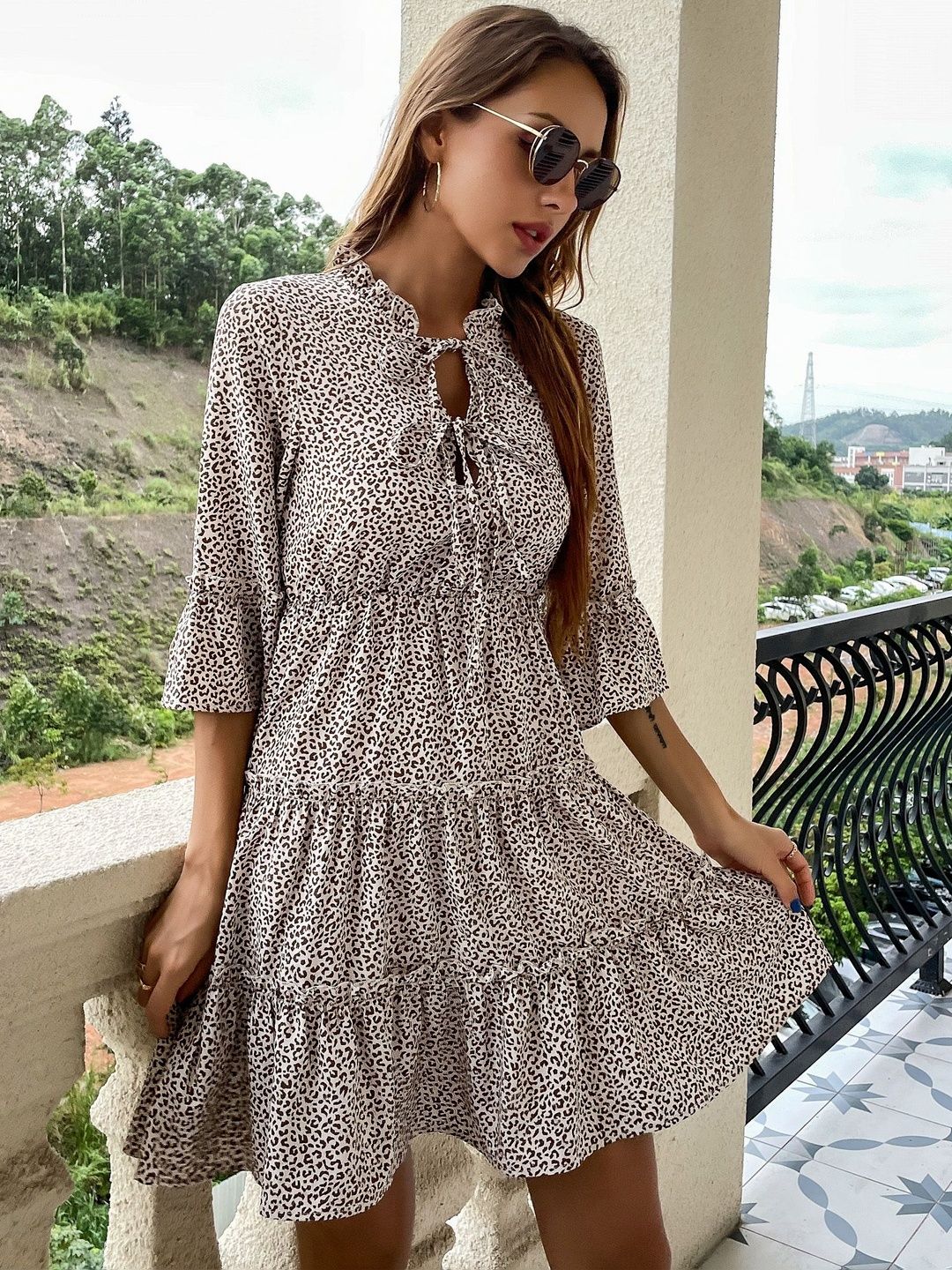 Animal Print Tie-Up Neck Flared Sleeve Fit & Flare Dress