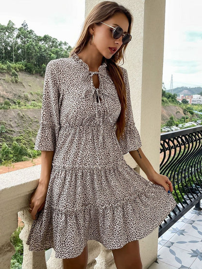 Animal Print Tie-Up Neck Flared Sleeve Fit & Flare Dress