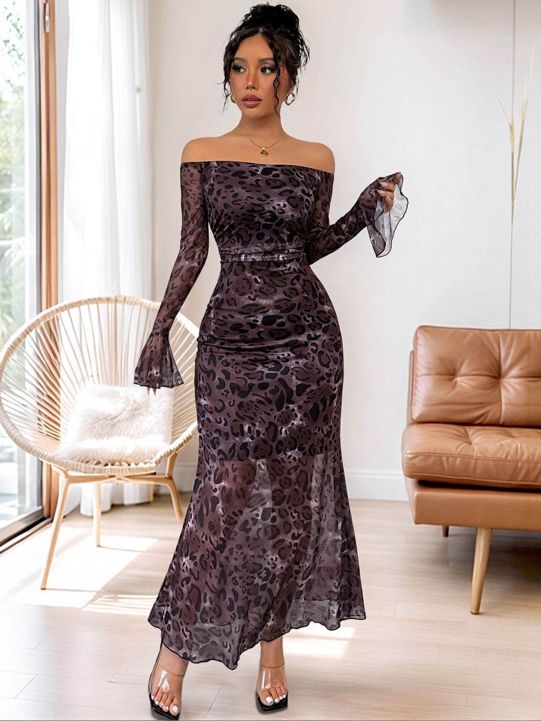 Animal Print Off-Shoulder Bell Sleeve Fit & Flare Maxi Dress in Brown - Nowi Korean Fashion