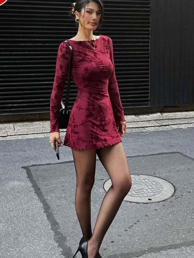 Floral Print A-Line Mini Dress in Maroon polyester - Nowi Korean Fashion