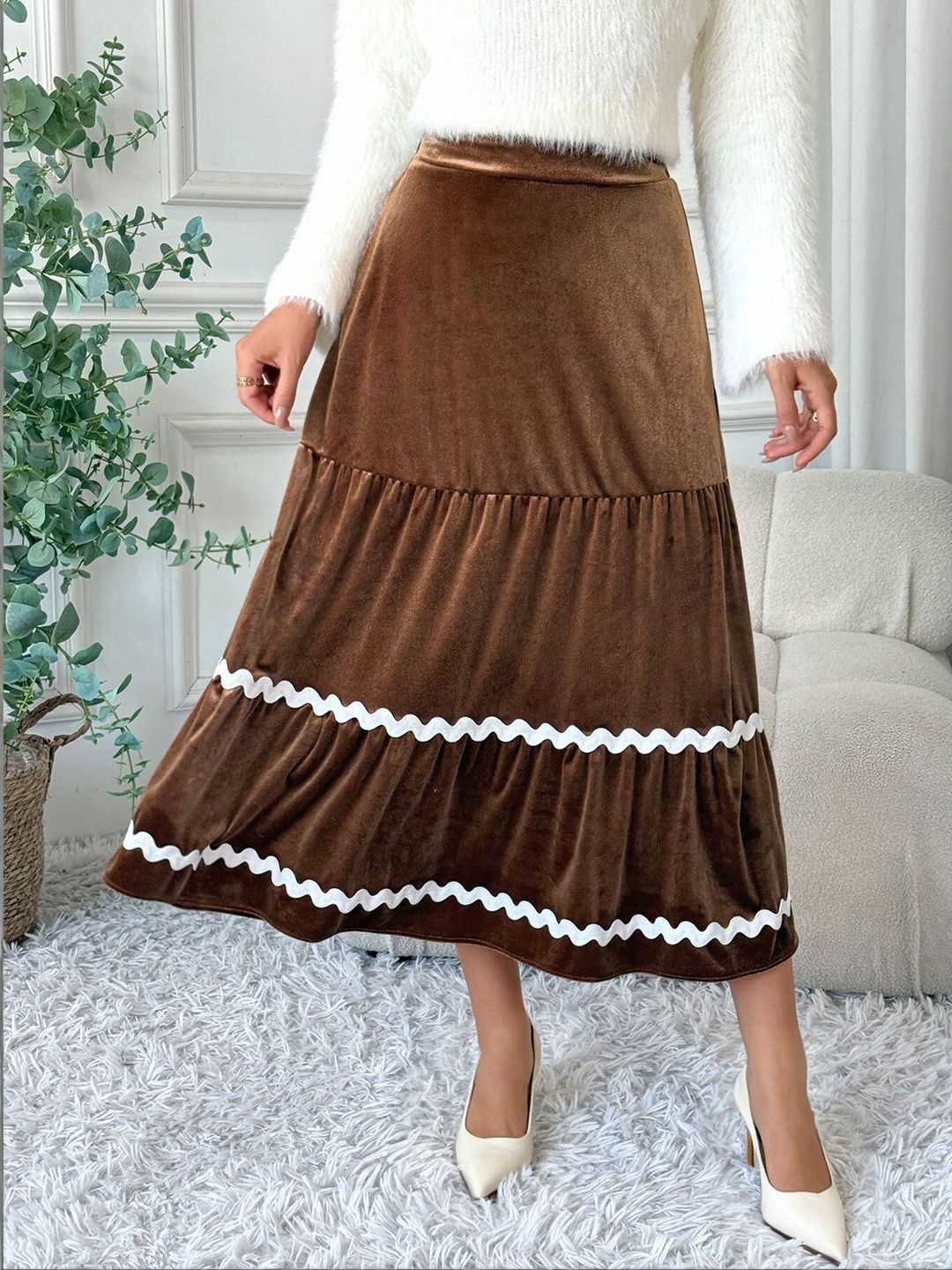 Women Solid Brown Midi Skirt