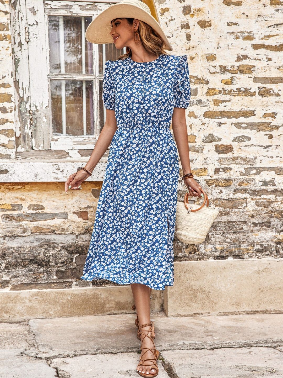 Floral Print Puff Sleeve A-Line Midi Dress