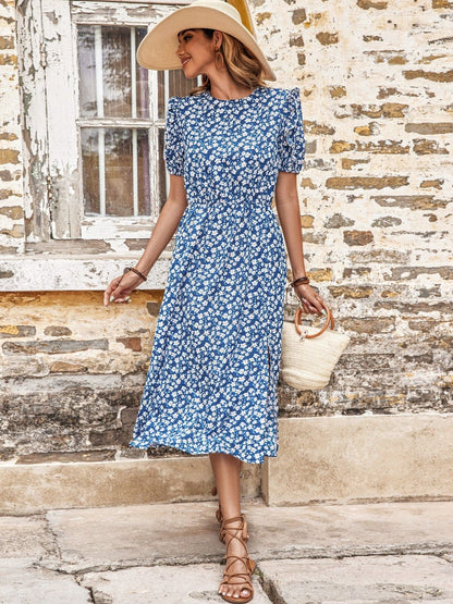 Floral Print Puff Sleeve A-Line Midi Dress