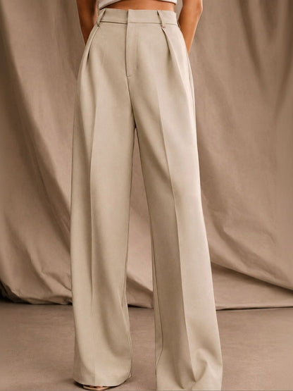 Women Tailored Straight Fit High-Rise Wrinkle Free Pleated Button Trousers