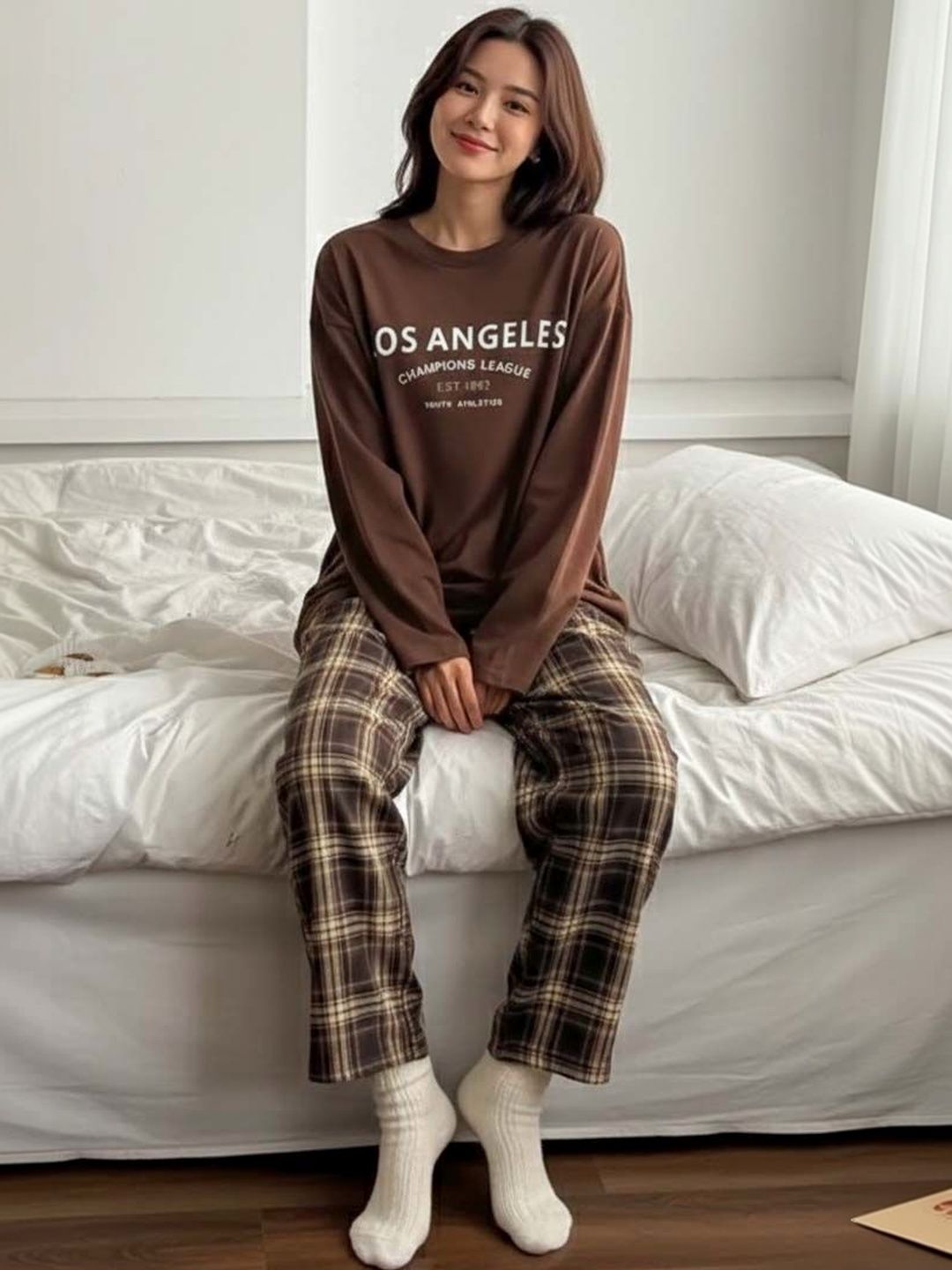 Brown Solid Top with Checked Trousers