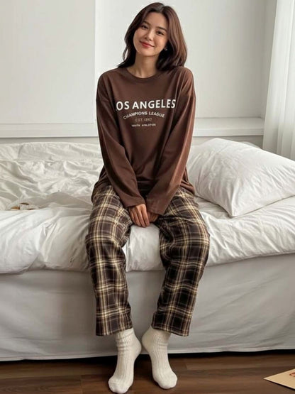 Brown Solid Top with Checked Trousers