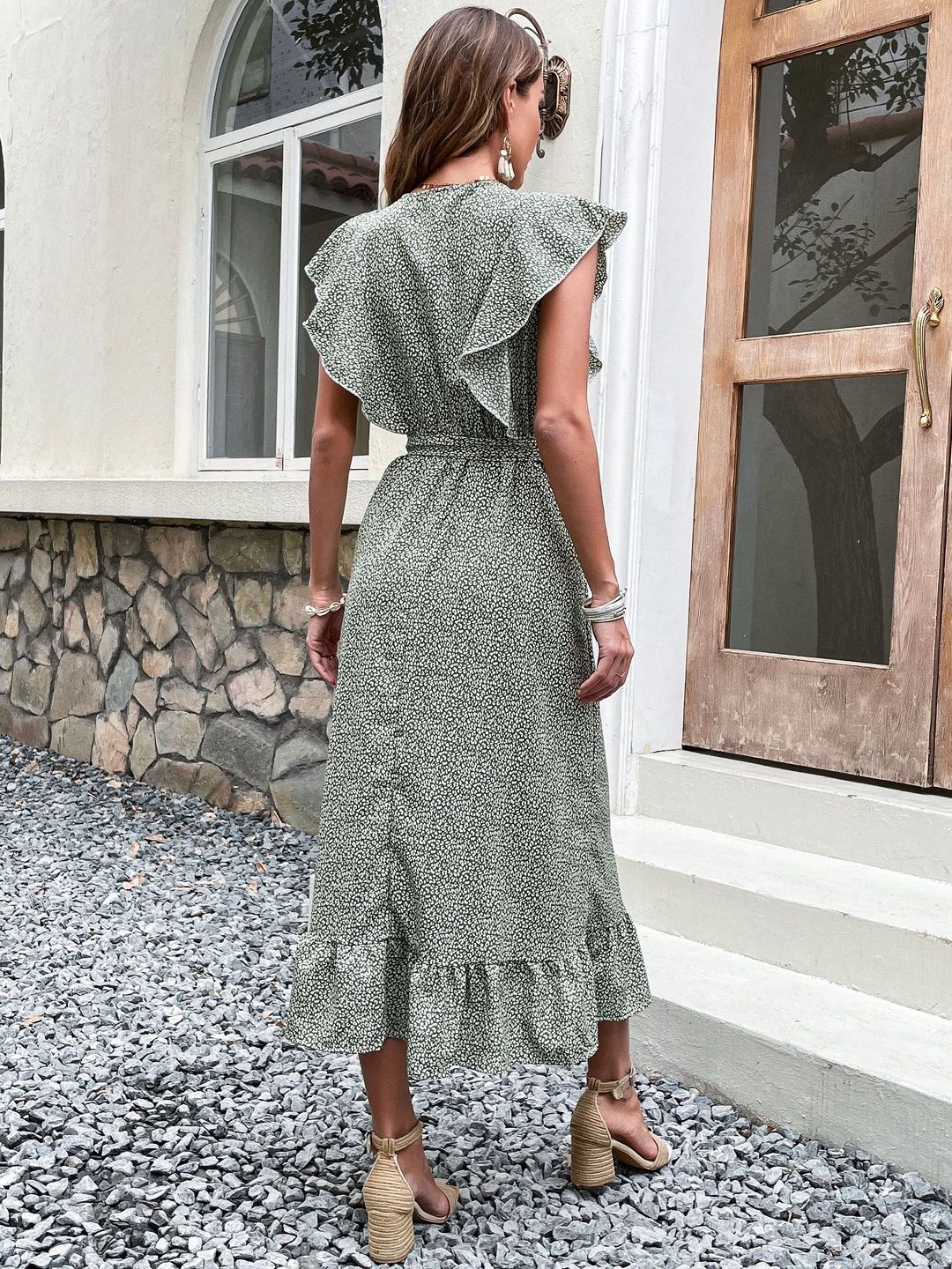 Floral Print Flutter Sleeve Ruffled A-Line Midi Dress