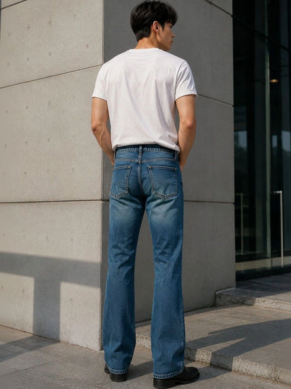 Men Bootcut Mid-Rise Low Distress Heavy Fade Jeans