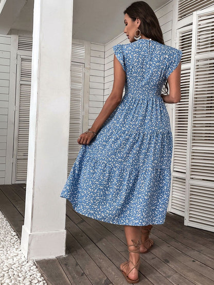 Floral Print Flutter Sleeve Fit & Flare Midi Dress