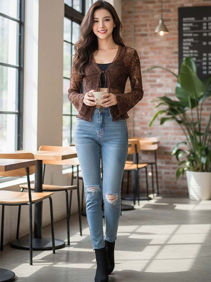 Floral Embroidered Bell Sleeve Cotton Crop Top